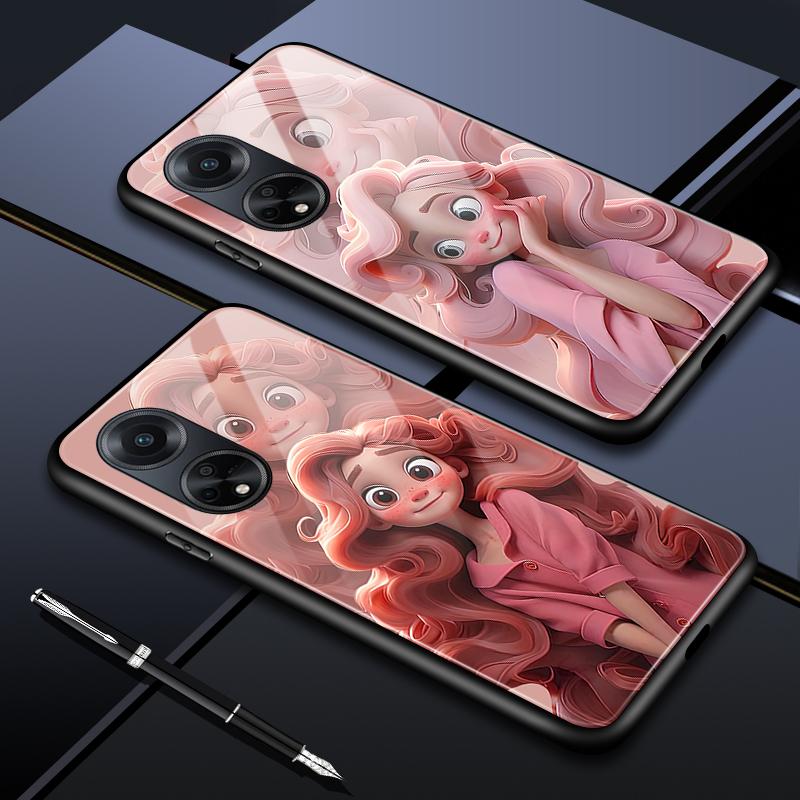 For OPPO A16 A16s A18 A38 A58 A78 A96 A98 Reno8T 10 Pro 12F Realme C30 C33 C63 C65 C67 3D Smile Princess Series Hard Glass and Soft TPU Phone Casing