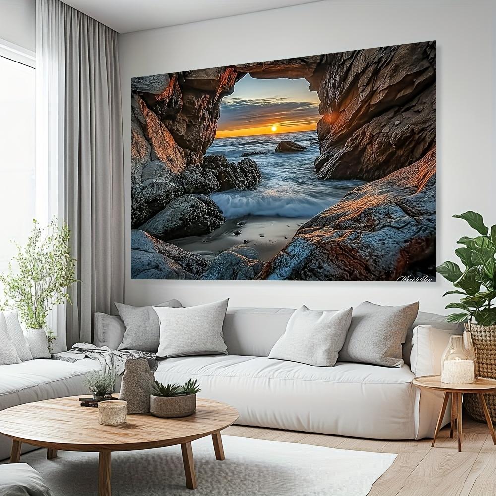 Ocean Cave Sunset Beach Tapestry Rocky Shoreline Sea View Wall Hanging Coastal Decor Living Room Art Print