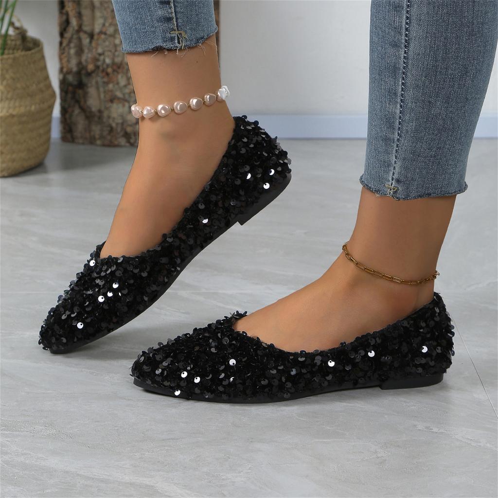 Women's Fashion Large Size Sequin Pointed Toe Casual Flats Slip On Comfortable Lightweight Flexible Sole Stylish Design