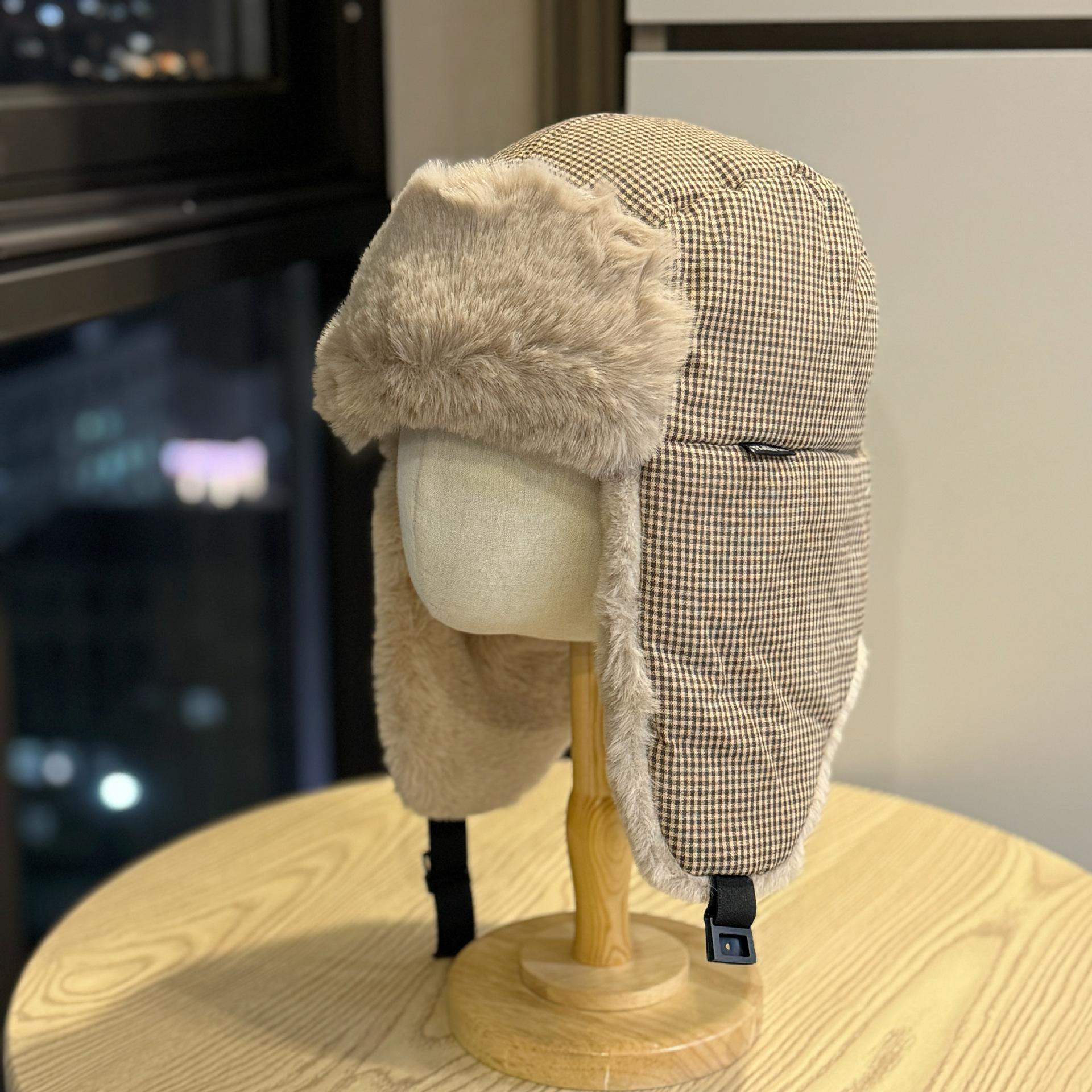 

New plaid winter thick plush aviator hat for men and women, windproof ear-protecting pullover hat, cold-proof and warm hat, cycling hat Adult54-60Average Size хакі