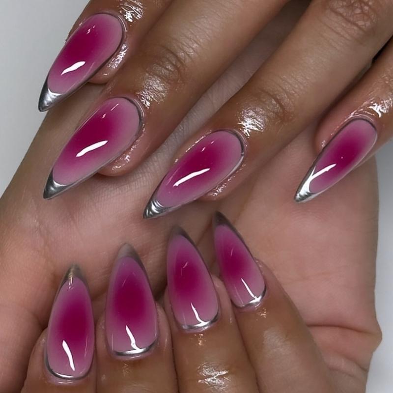 

Elegant Rose Red And Silver French False Nail Artificial Full Cover Nail Glossy Acrylic Nail Stick on Nail for Women 1