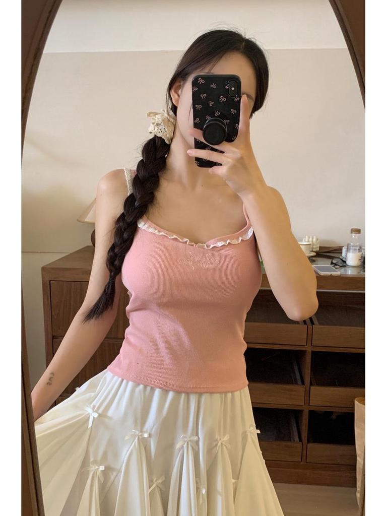 Pleated Camisole Top for Women with Chest Pads, Spicy Girl Embroidery, Lace Trim, Slim Fit, Inner/Outer Wear