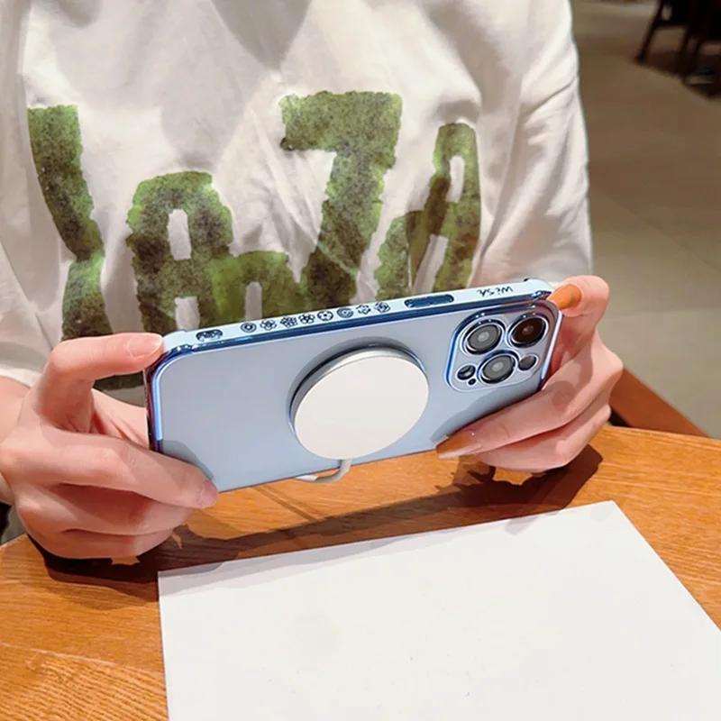 Etui z ramką 6D, z kwiatem róży z boku, dla iPhone 15 14 Plus 11 13 12 Pro Max, wstrząsoodporne, z możliwością ładowania bezprzewodowego, silikonowe, magnetyczne