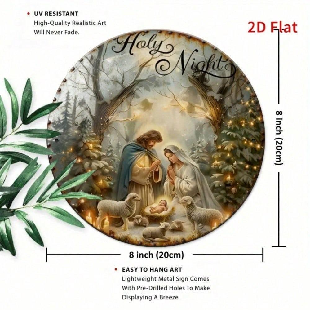 Vintage Catholic Nativity Scene Tin Sign 8 Inch Religious Wall Art Aluminum Metal Decor Indoor Outdoor Home Christmas Round