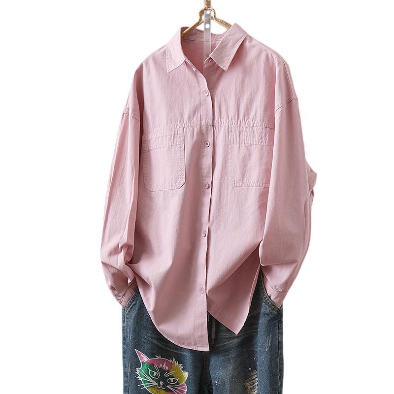 Women's Casual Korean Style Cotton Shirt Jacket - Loose, Slimming, Artistic, Lapel Design for Spring