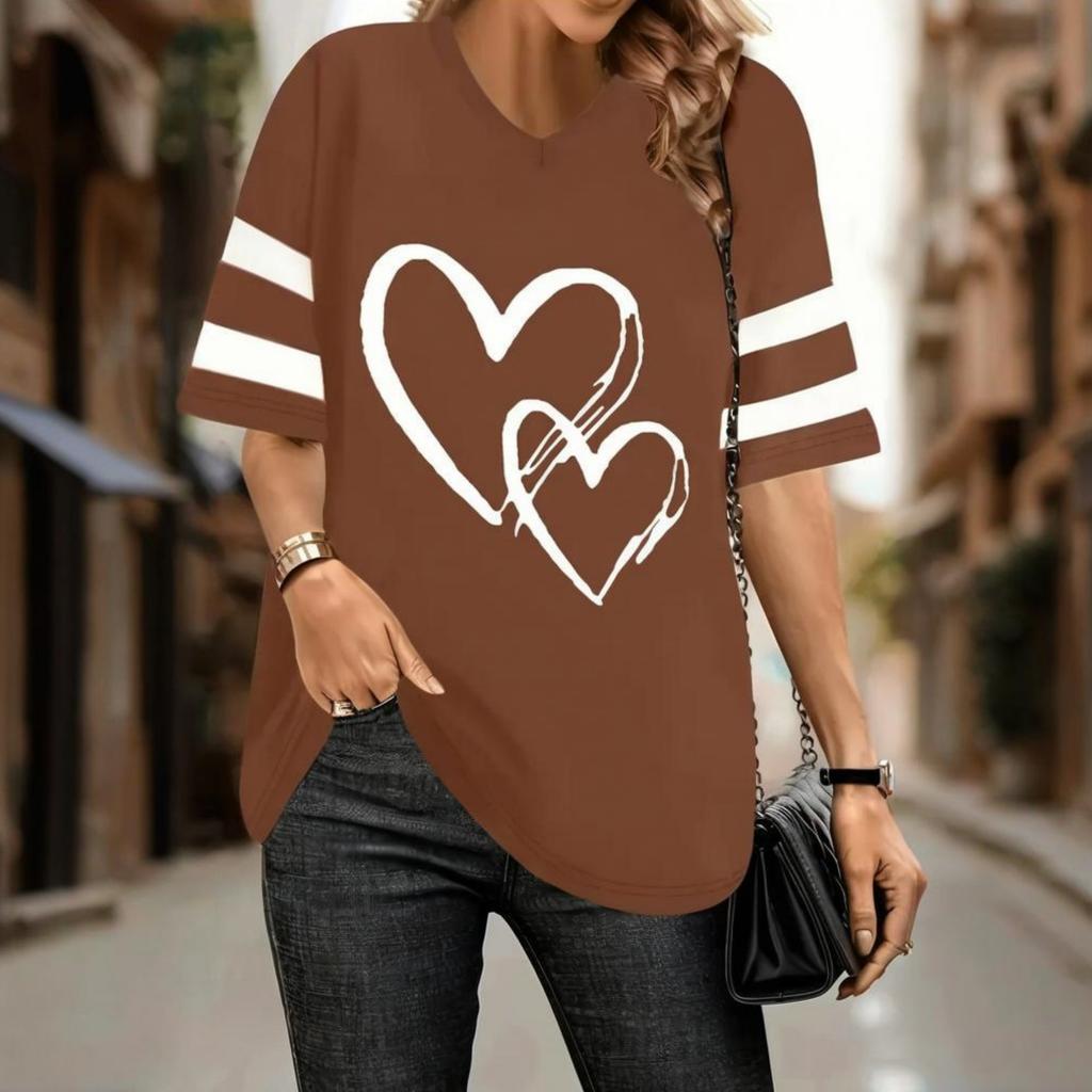 Summer Heart-Shaped 3D Print T-shirt Women Streetwear Casual T Shirts Y2k Tops Woman Harajuku V-Neck Tees Oversized Clothing