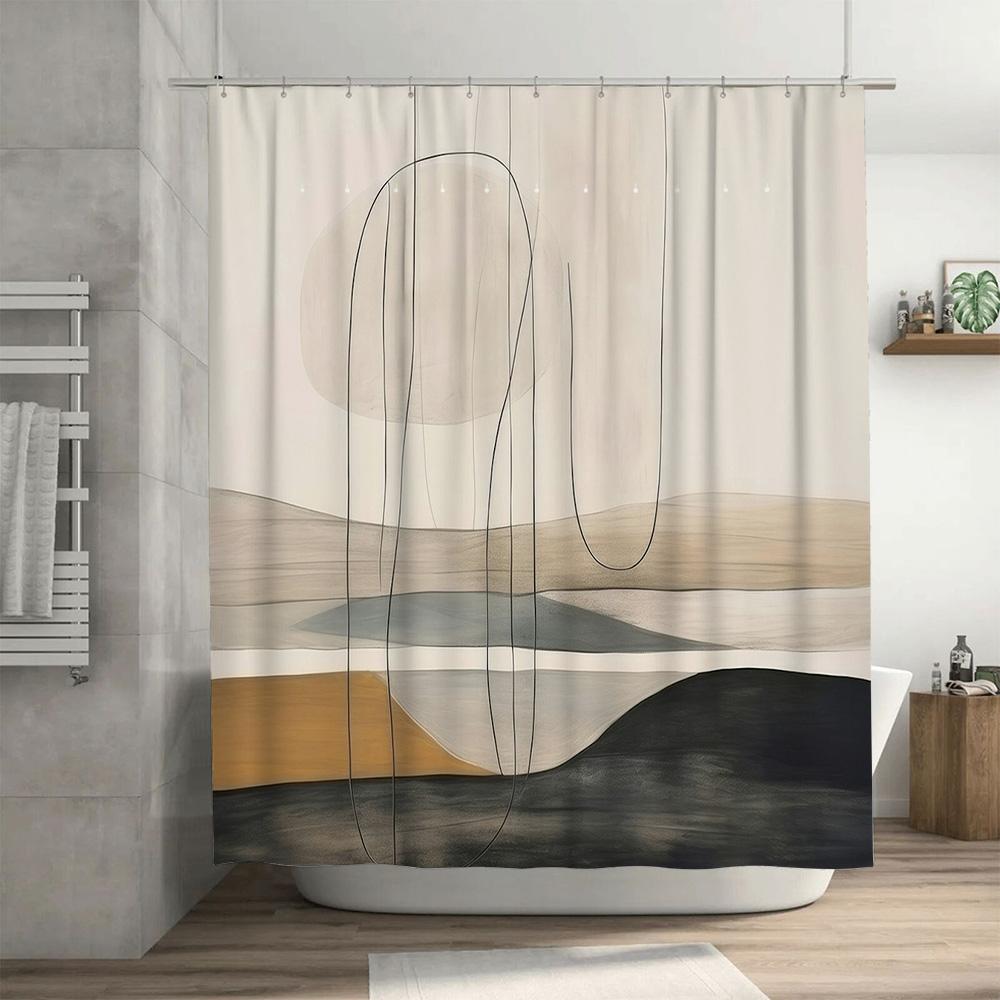 Minimalist Modern Bathroom Shower Curtain Set with Geometric Print Decorative Hanging Rod Included (Black Beige)