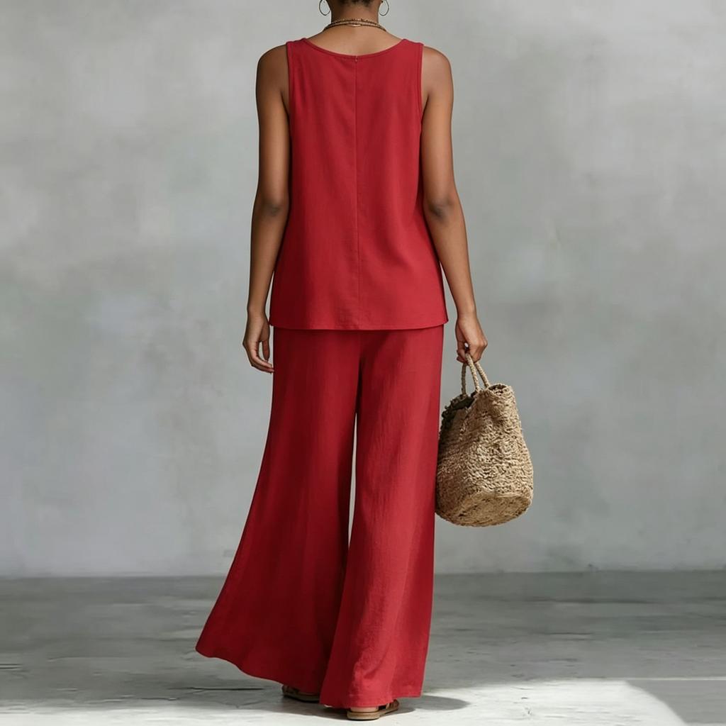 Women's Bohemian Wide Leg Pants and V Neck Cami Top Set - Flowy Summer Outfit