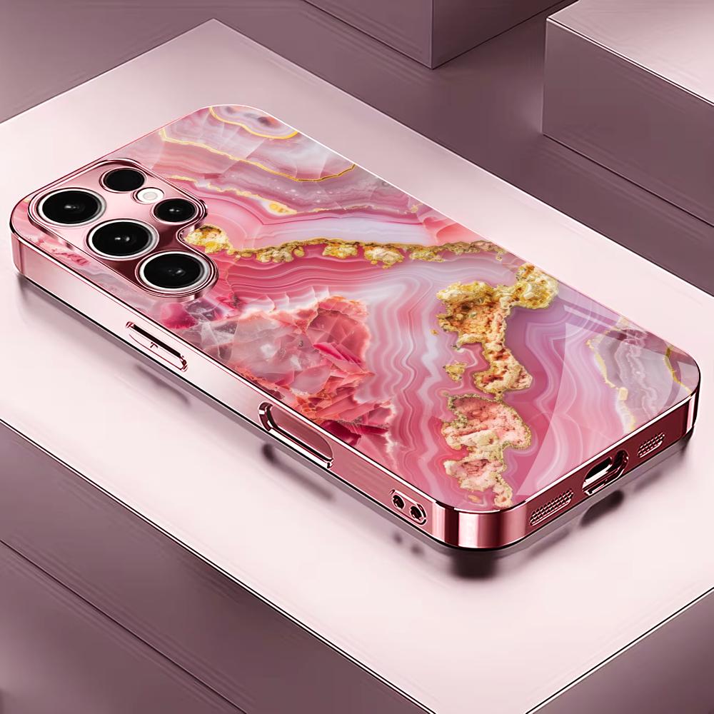 Pink gold texture PhoneCase for Samsung Galaxy S26 S25 S24 S23 S22 FE Ultra Plus Built-in glass feel bare machine Women's style
