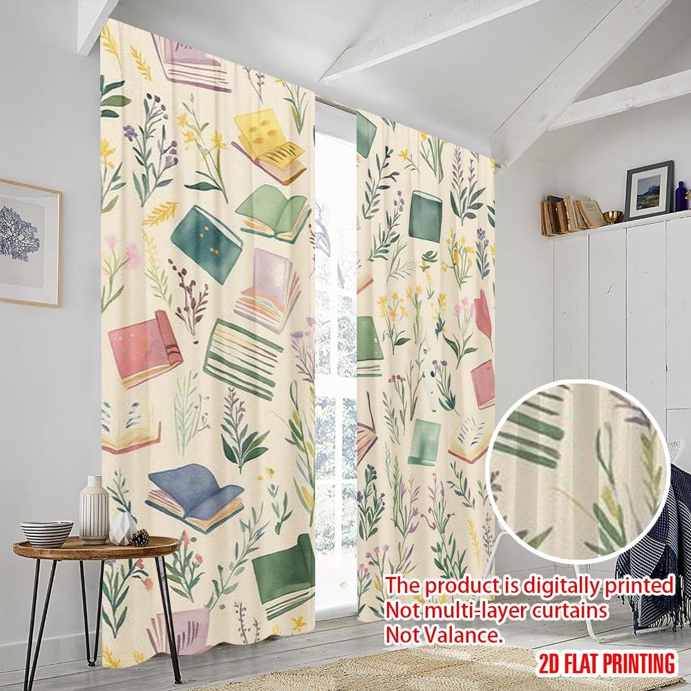 2Pcs,2D Plane Printing Pattern Curtains Literary Garden Polyester Fabric (Without Rod) Home Decor Use For Living Room & Bedroom