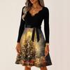 Women's Casual Fashion V Neck Long Sleeve Christmas Printed Party Vintage Long Dresses