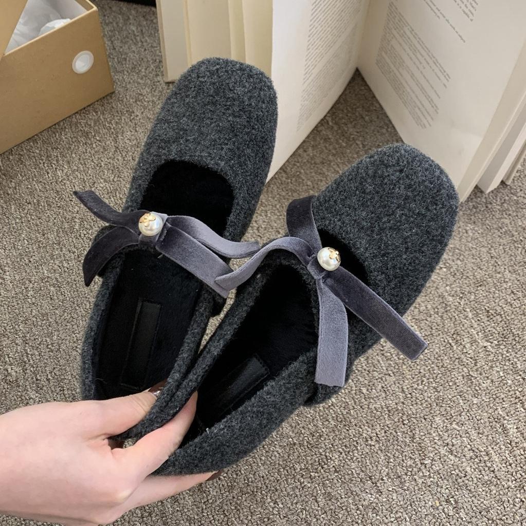 Inner height increase~ Mary Jane Mao Mao shoes women wear new gray single shoes women's thick-soled velvet cotton shoes in winter