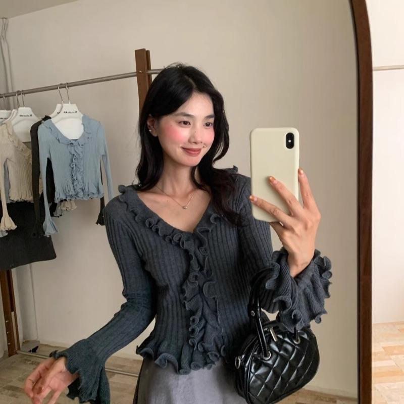 Pulover tricotat subțire cu dantelă ciupercă la modă, toamnă 2025 nou pulover de damă cu talie și decolteu în V 11950