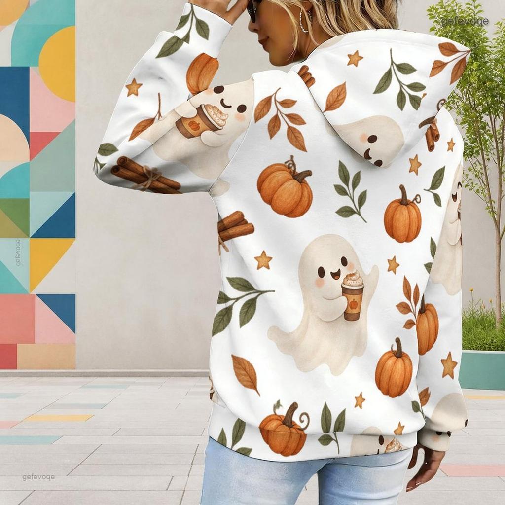 Women Plus Size White Halloween Ghost Pumpkin Printed Hoodie Long Sleeve Drawstring Hood Kangaroo Pocket Pullover