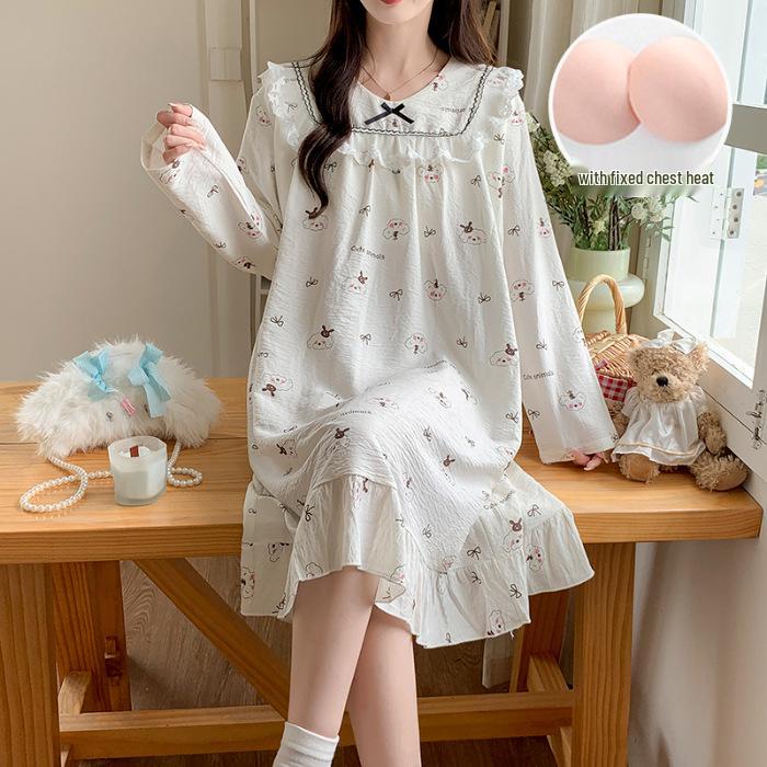 Spring & Autumn Lace Long Sleeve Cotton Nightgown with Fixed Chest Pad