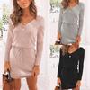 Cozy Deep V-neck Womens Knitted Jumper Sweater Dress For Autumn And Winter