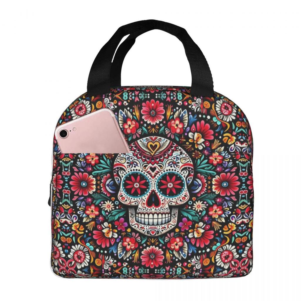 Mexican Sugar Skulls And Flowers Insulated Lunch Bag for Women Children Portable Food Boxes Thermal Lunch Box Tote