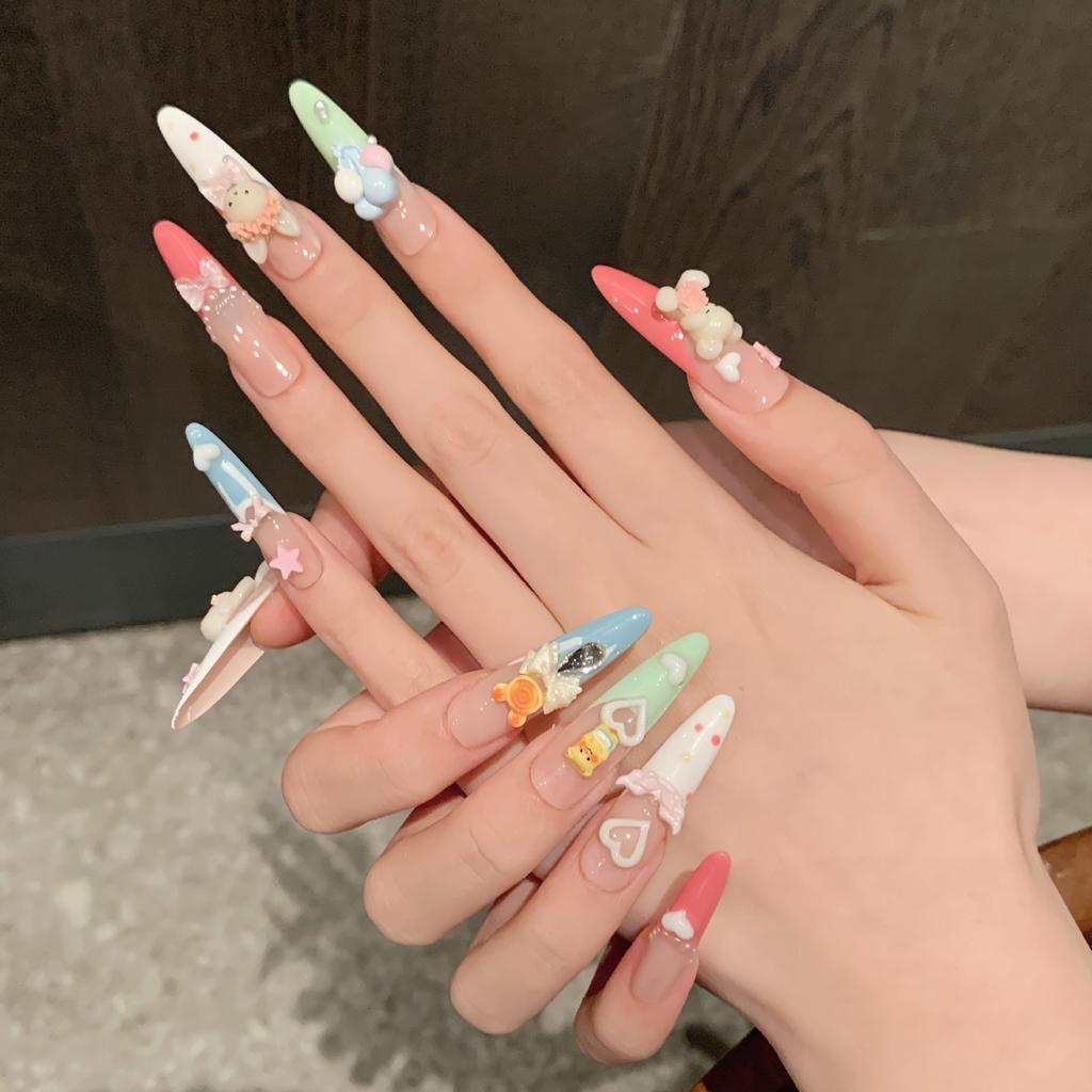 Handmade Press on Nails Long Stiletto Full Cover Glue on Fake Nails Holiday Nails Press ons with 3D Design Acrylic False Nail Stick on Nail for Women