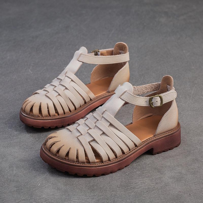 Johnature Sandali intrecciati traspiranti scavati Scarpe da donna in vera pelle stile romano retrò