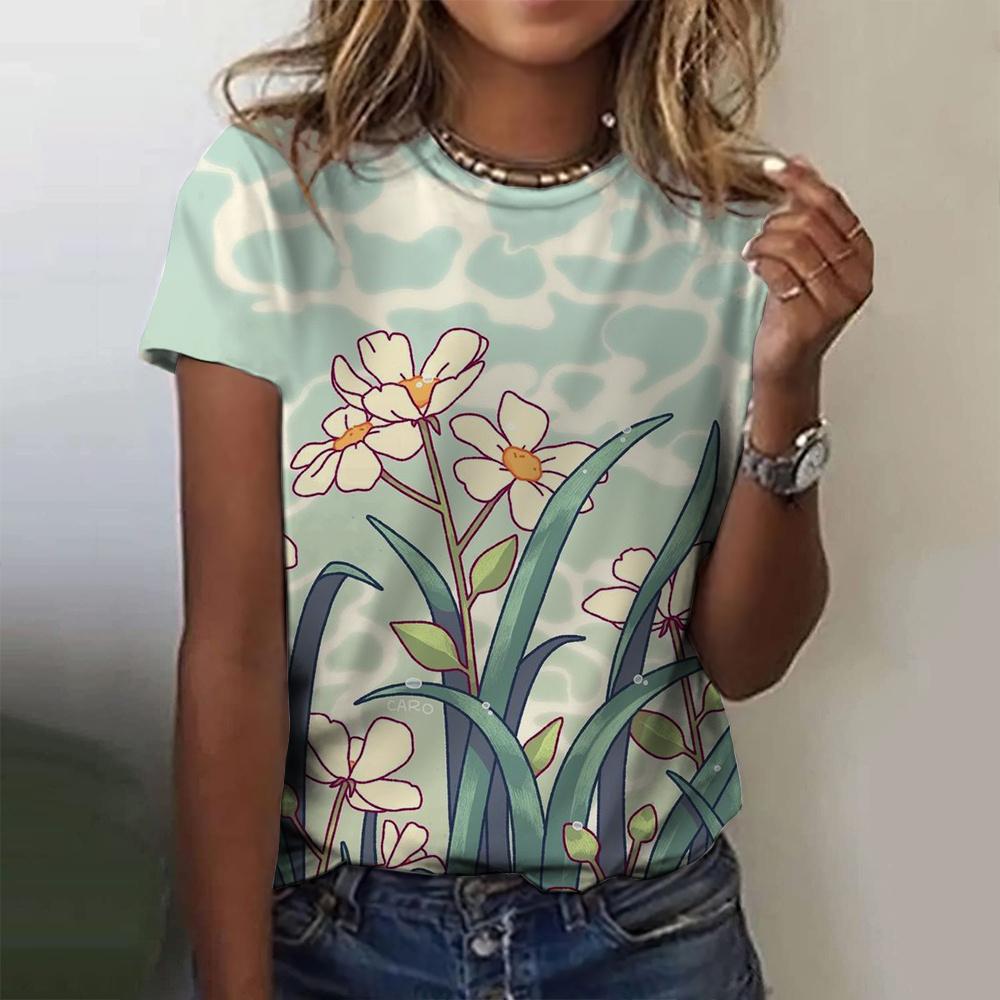 2025 Summer Women's Round Neck T-Shirt Fashion Printed Flower Pattern Top Simple Design Harajuku Short Sleeve T-Shirt
