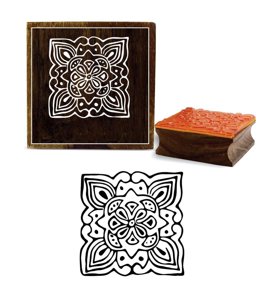 Printtoo Craft Textile Floral Pattern Square Wooden Rubber Stamp Brown Print Block-2 x 2