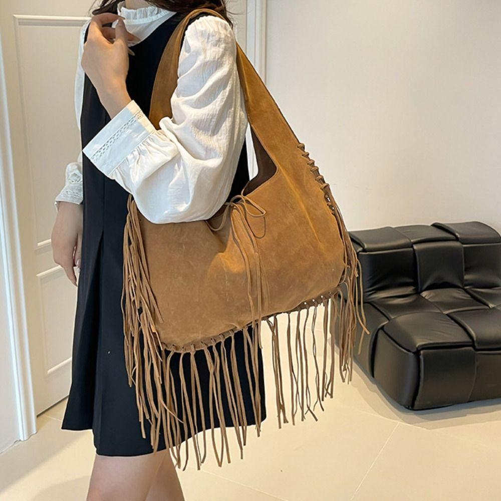 Solid Color Suede Handbag Tote Bag Underarm Packs Casual Tassel Shoulder Bag  Travel