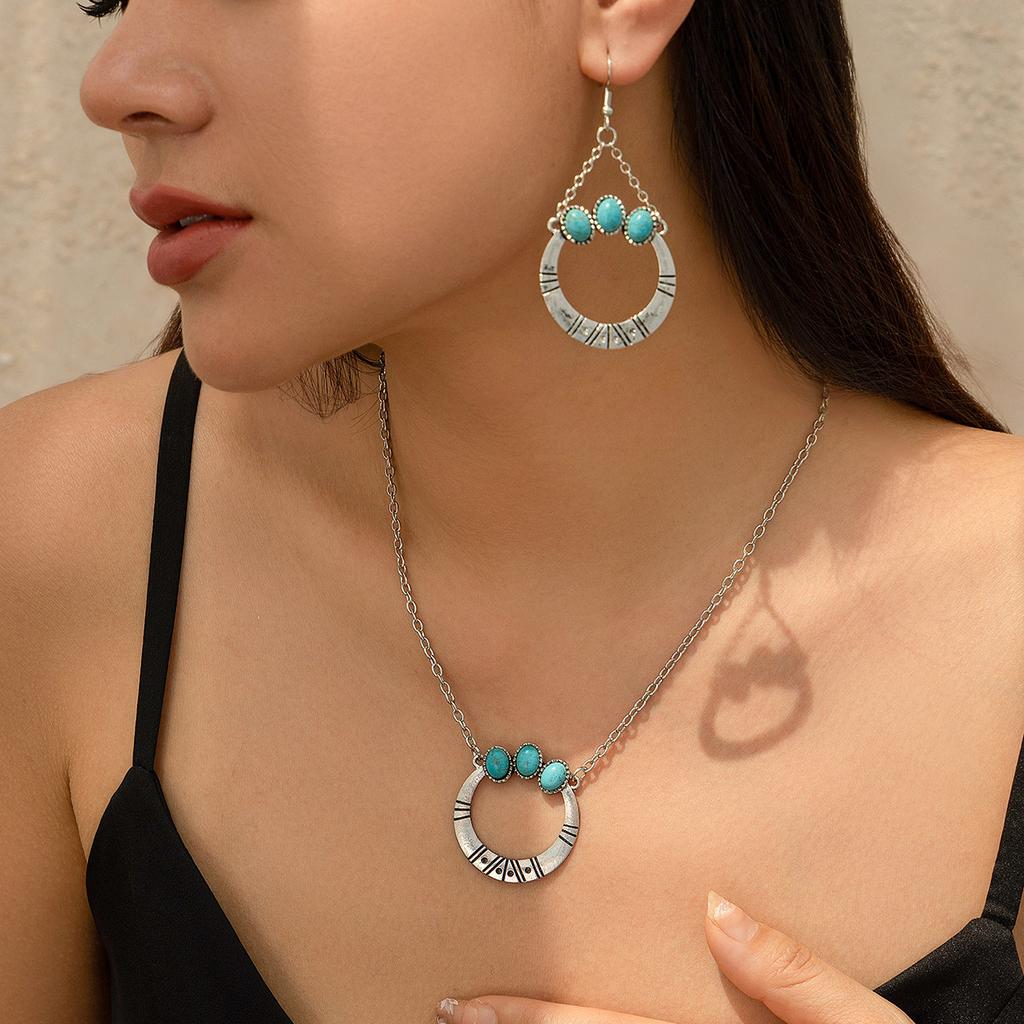 Retro Ethnic Turquoise Coconut Tree Necklace, Simple Threaded Love Necklace Jewelry Set