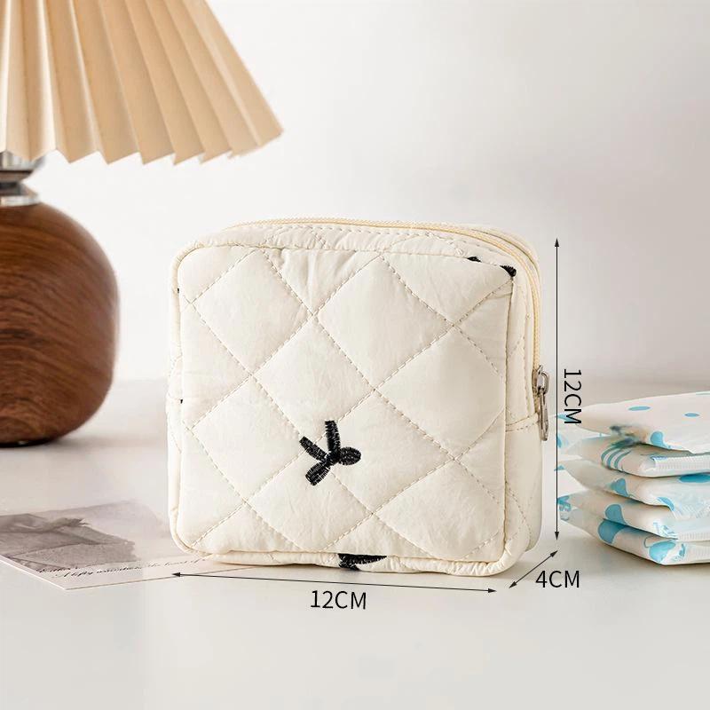 Mini Cosmetic Bag Lightweight Quilted Bow Embroidery Zipper Closure Portable Makeup Organizer for Vacation Travel Daily Use