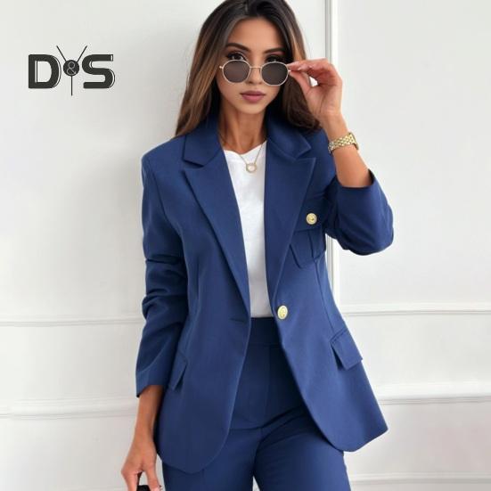 Women Suit Coat Lapel Long Sleeve Flap Pockets Suit Jacket Solid Color Single Button Office Lady Outwear