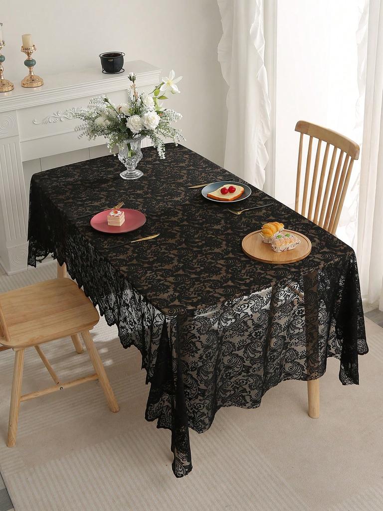 Schwarze französische Spitzentischdecke mit Phönixschwanzmuster zur Dekoration von Wohn- und Esstisch