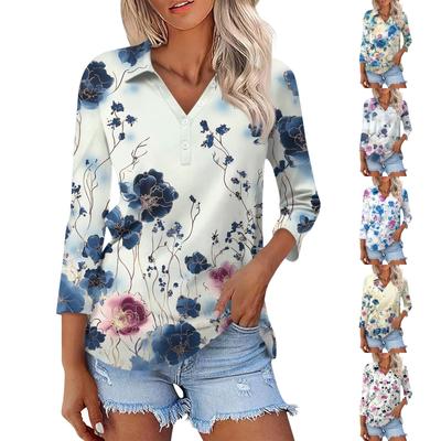Women's Fashion Casual Lapel 3/4 Sleeve Print Shirt Women's Button Up Tops