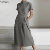 Women Casual Half-turtleneck Solid Color Short Sleeve Elegant Long Dress
