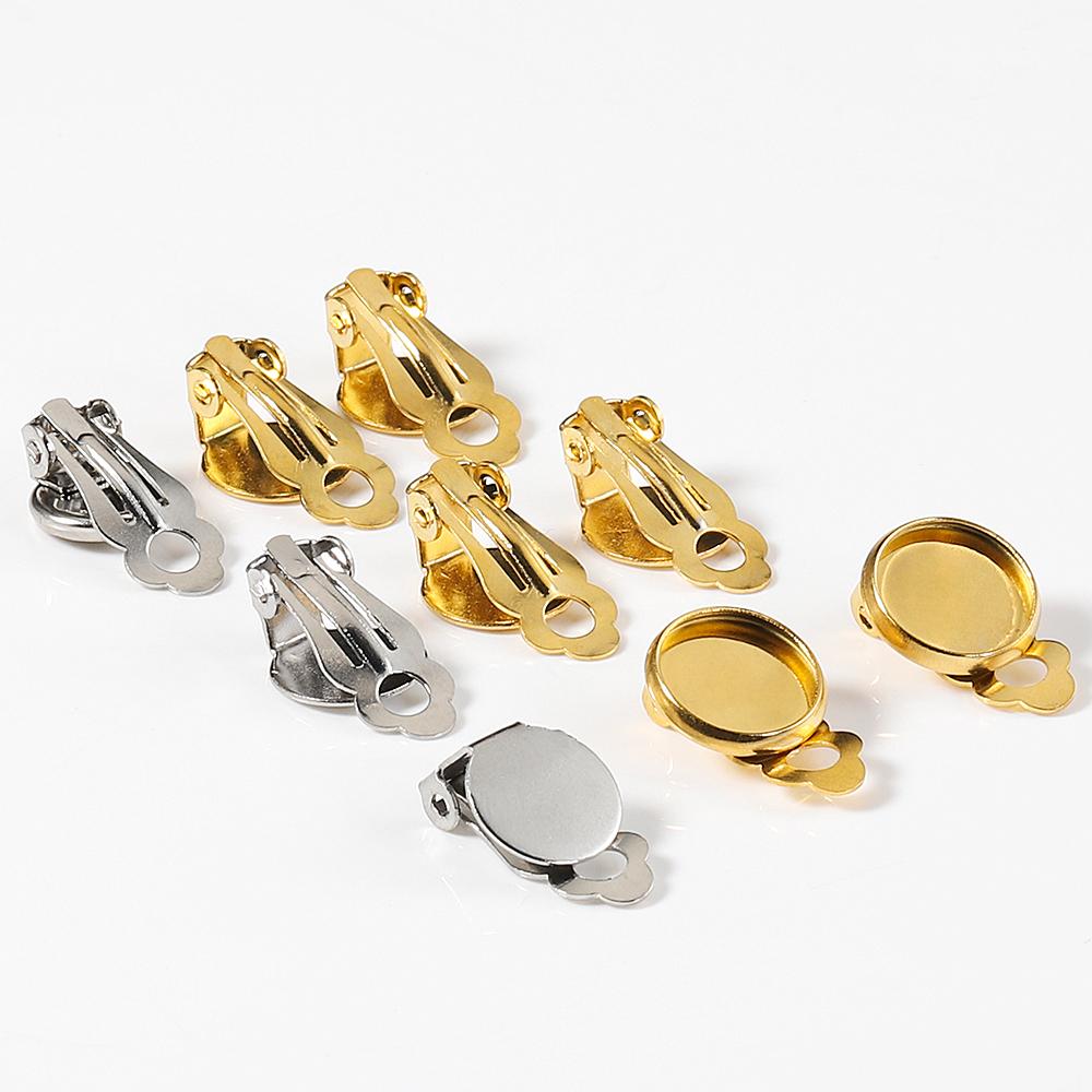 10pcs Stainless Steel Ear Clips Earrings Gold Color Blank Base Glass Cabochons Tray Cameo Base for Earrings Jewelry Making DIY