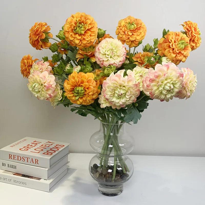 6Pcs Artificial Moisturizing 5-head Dahlia Real Touch Flowers Wedding Decor Flower Arrangement Fake Dahlia Party Home Decoration