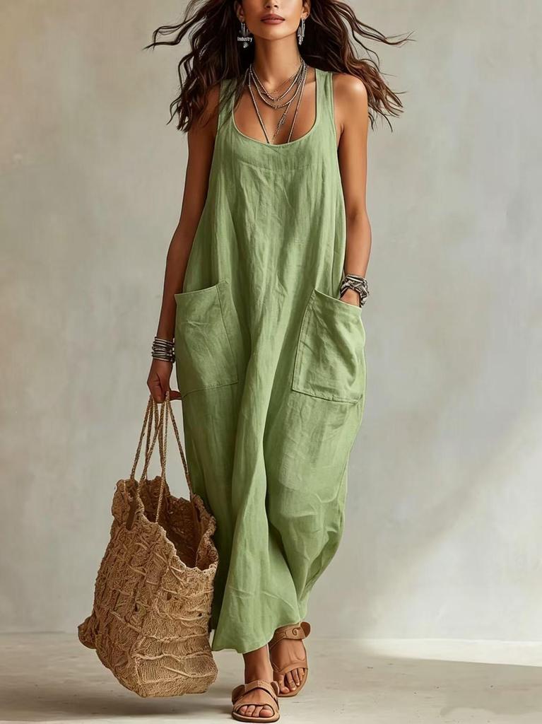 2026 Summer European-American Cotton Linen Casual Pocket Spaghetti Strap Long Dress