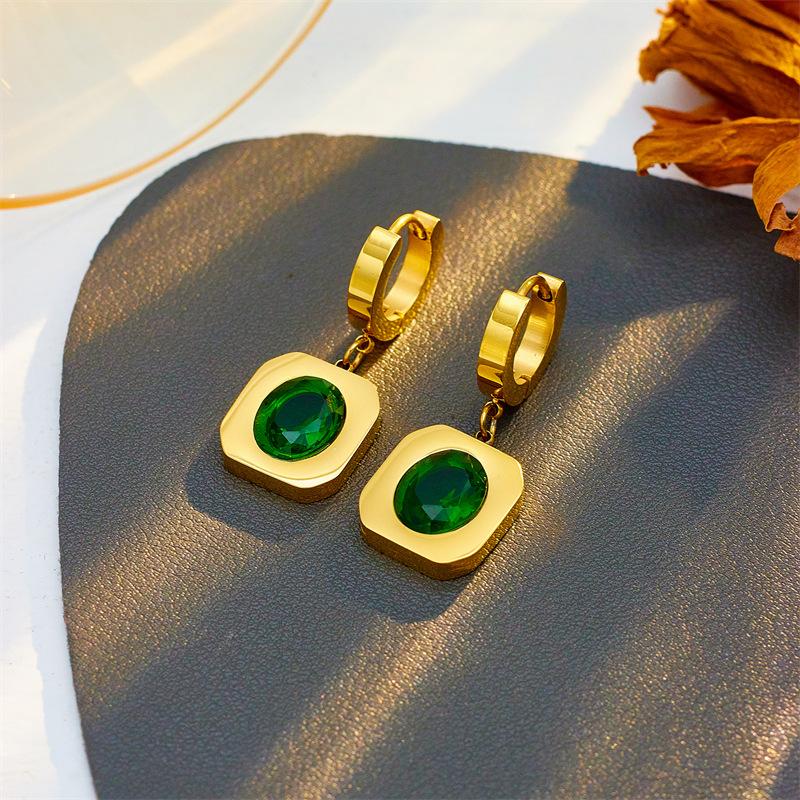 Gold Plated Green Stone Drop Earrings with Square Pendant