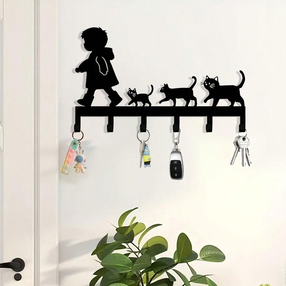 Cute Cat Key Holder Black Metal Wall Mount Home Decor