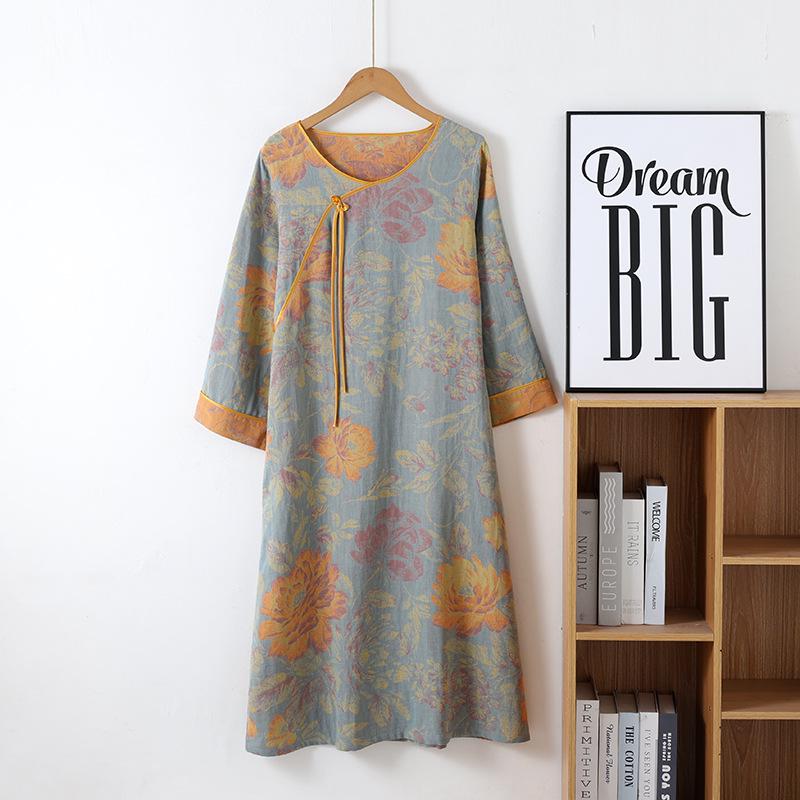 Retro Chinese-Style Cotton Gauze Nightdress - Women's Nine-Sleeve Mid-Length Spring/Autumn Homewear