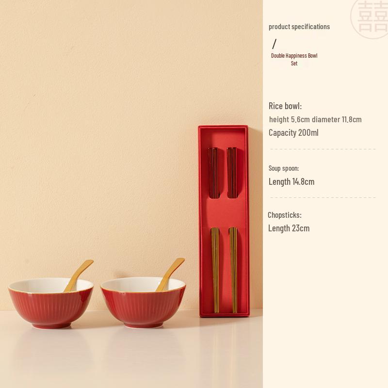 Double Happiness Wedding Bowl & Chopsticks Set: Creative Red Ceramic Gift for Newlyweds