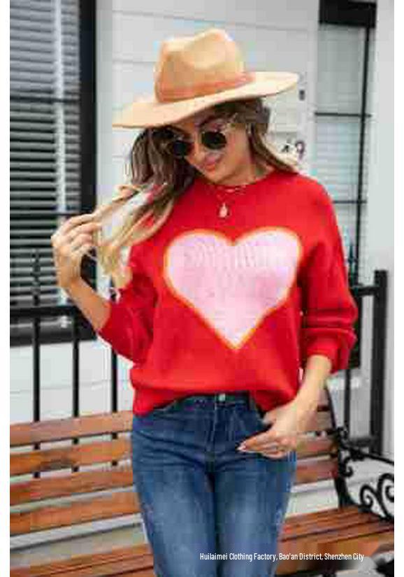 2026 Winter Valentine's Day Heart Pattern Round Neck Knit Pullover Sweater for Women - Plus Size Available