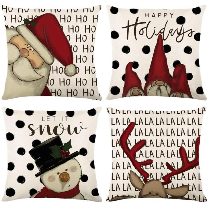 New Linen Christmas Pillowcase with Santa Claus and Reindeer Design