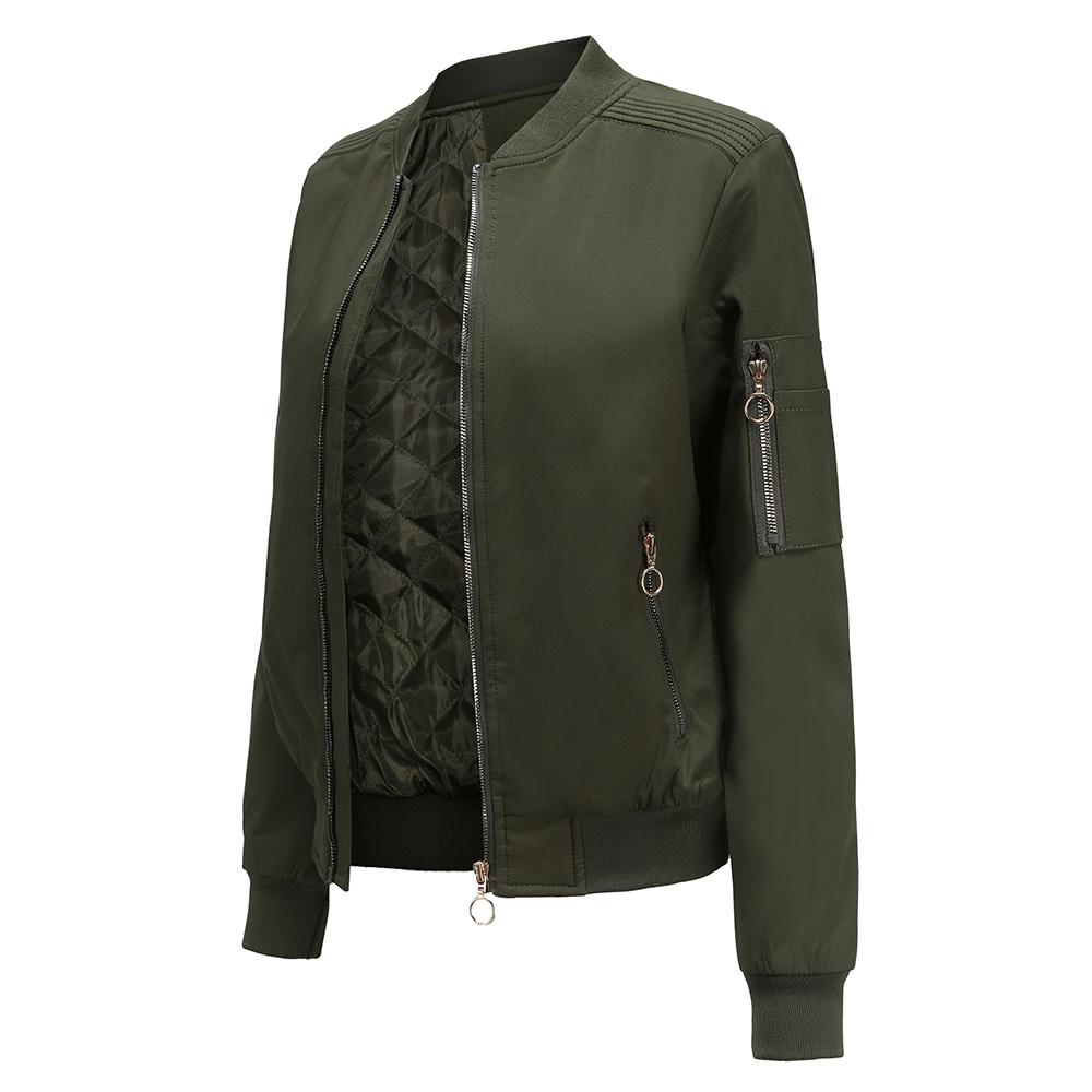 Women's Spring and Autumn Jacket Long-sleeved Zipper Side Pockets Casual Thin Bomber Jacket