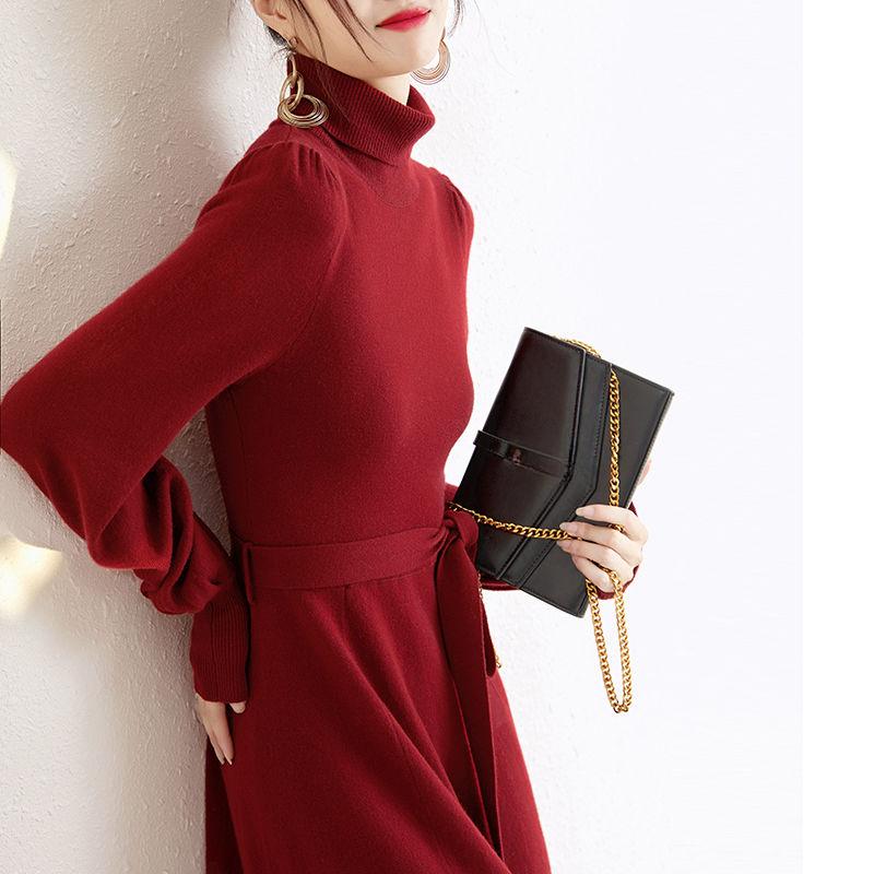 Pletené dlouhé šaty s polovičním rolákem pro podzimní a zimní dámské nošení, svetrové šaty ke kolenům, svetrové šaty střední délky se stahováním v pase, svetr