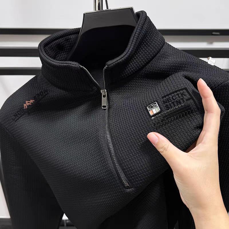 Men s 2025 Autumn/Winter Waffle Knit Half-Zip Hoodie with Stand-Up Collar XL