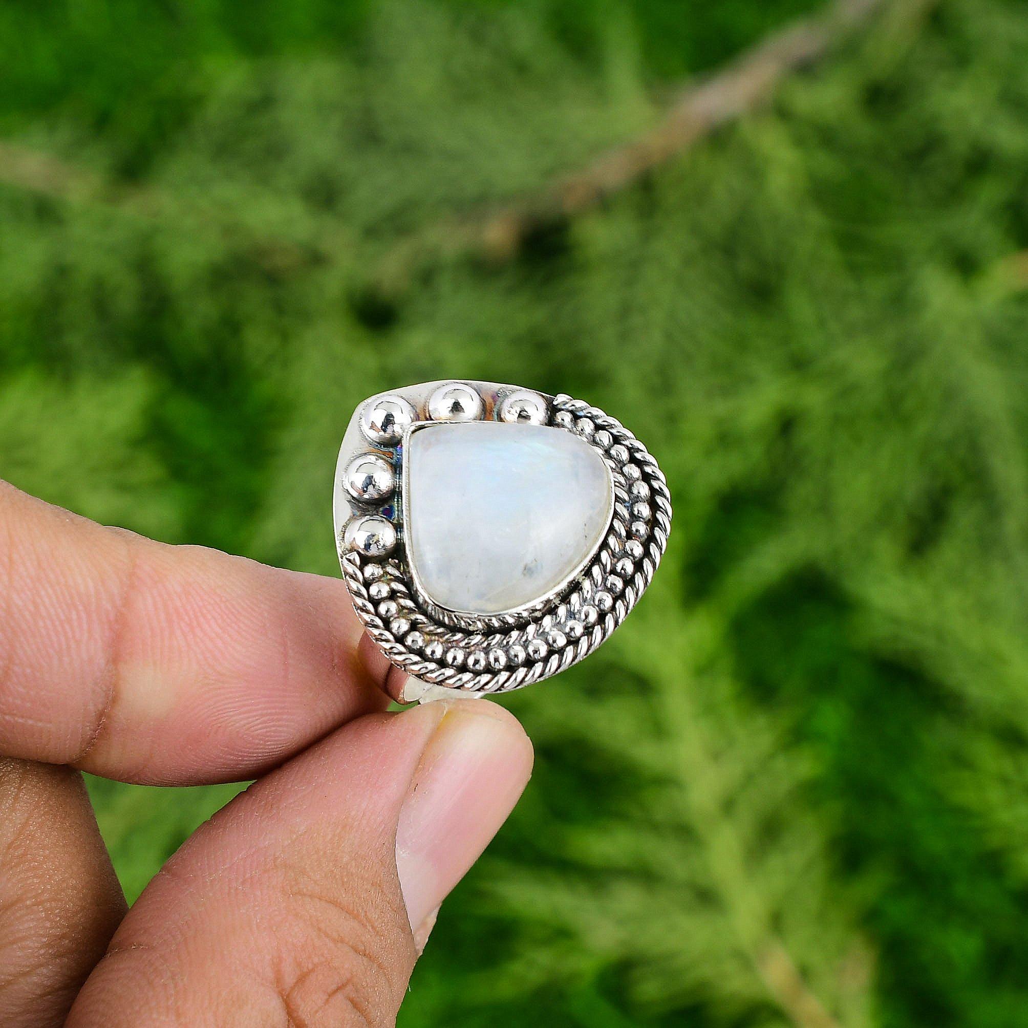 

Sterling Silver Pear Crown Chakra Rainbow Moonstone Stone Ethnic Bezel New Ring Adjustable