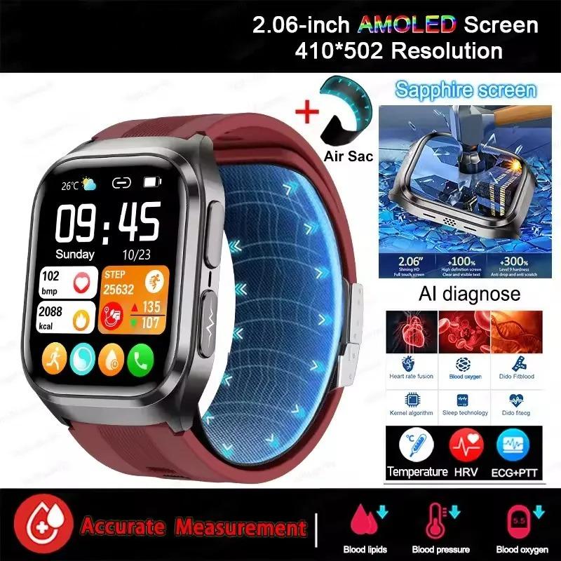 2026 New Men Airbag Air Pump ECG Blood Pressure Uric Acid Blood Fat Temp Health Monitor Bluetooth Call 2.06-inch AMOLED Smart Watch