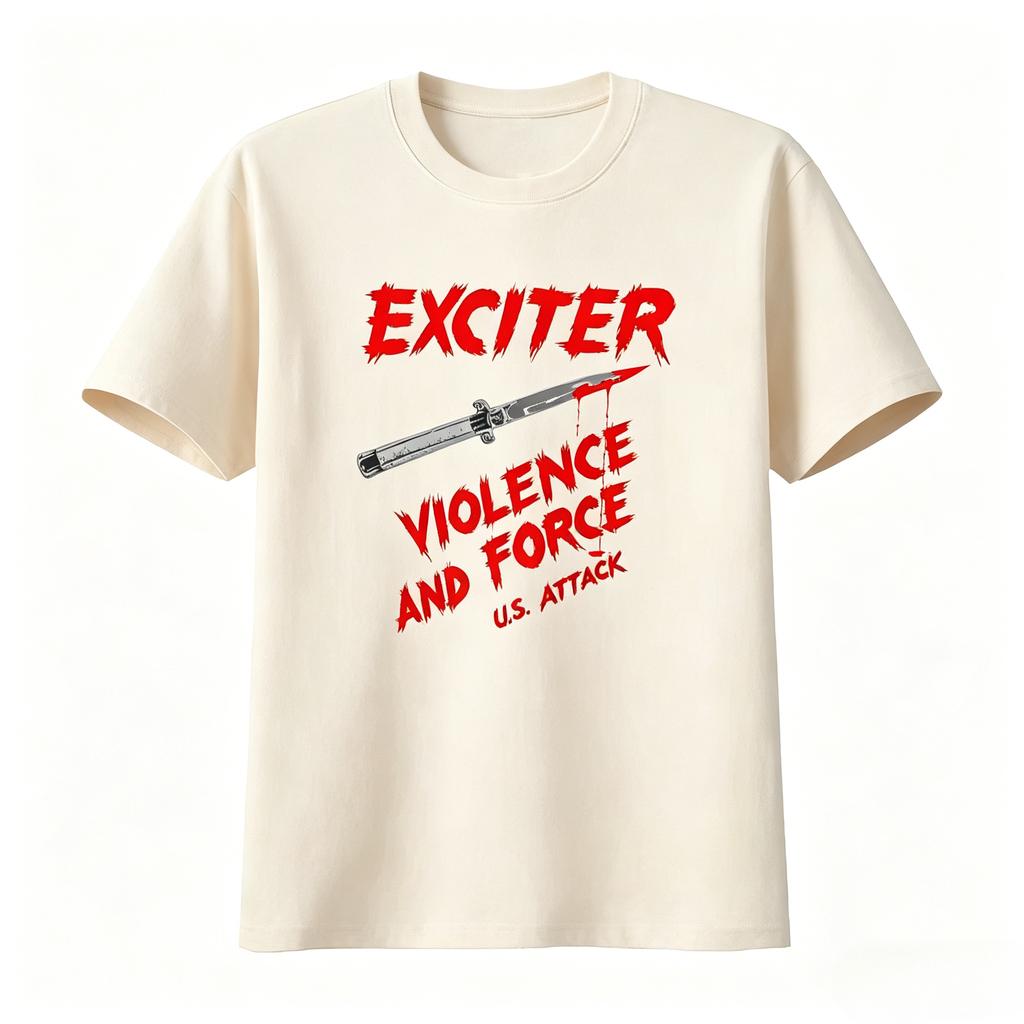 Vintage Exciter TShirt Violence and Force US Attack Retro Punk Rock Style Comfortable Streetwear Unisex Women Summer T Shirt