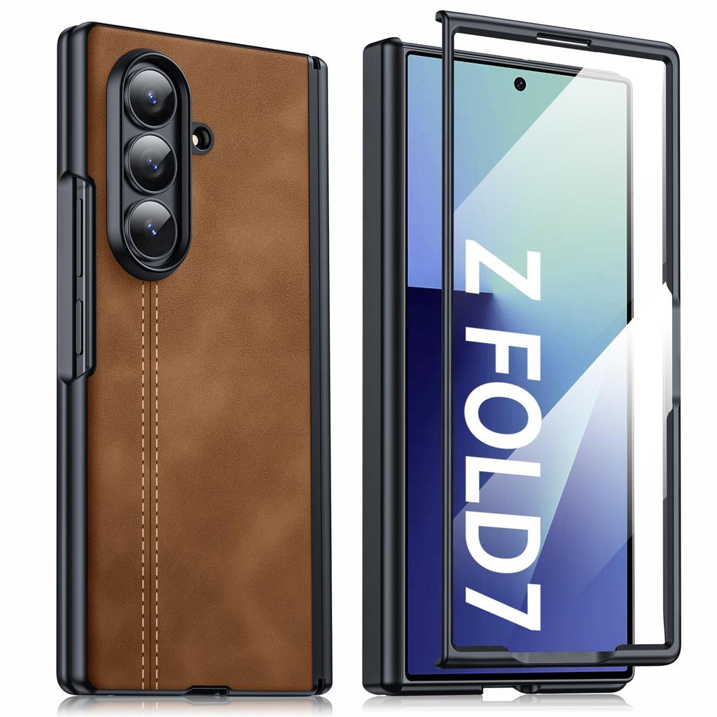 Leather Protective Case with Hinge Protection and Built-in Screen Protector for Samsung Galaxy Z Fold 7-Black