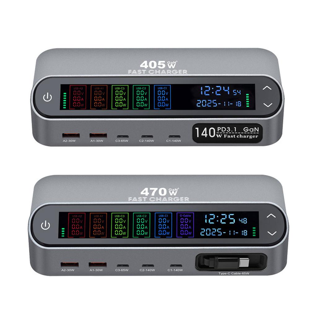 Fast Charger Station With Color Screen Display And 65W Retractable Cable Supports Multiple Devices Simultaneous Charging