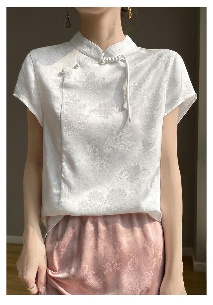 Women's 2025 Spring/Summer Chinese Faux Silk Jacquard Shirt - National Trend Tang Suit with Stand Collar and Diagonal Placket